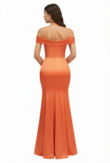 Sexy Off The Shoulder Mermaid Ruffle Silky Satin Long Evening Dresses For Wedding