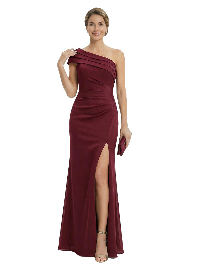 Elegant One Shoulder Ruched Satin Mother Of The Bride Gown With Side Slit