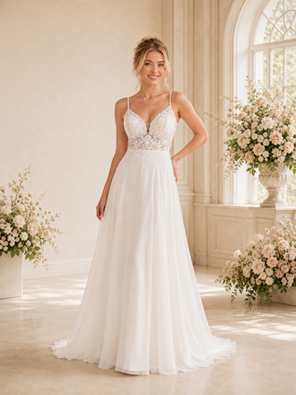 ChicSew Fancy Spaghetti Straps V-Neck A-Line Lace Chiffon Long Wedding Dresses