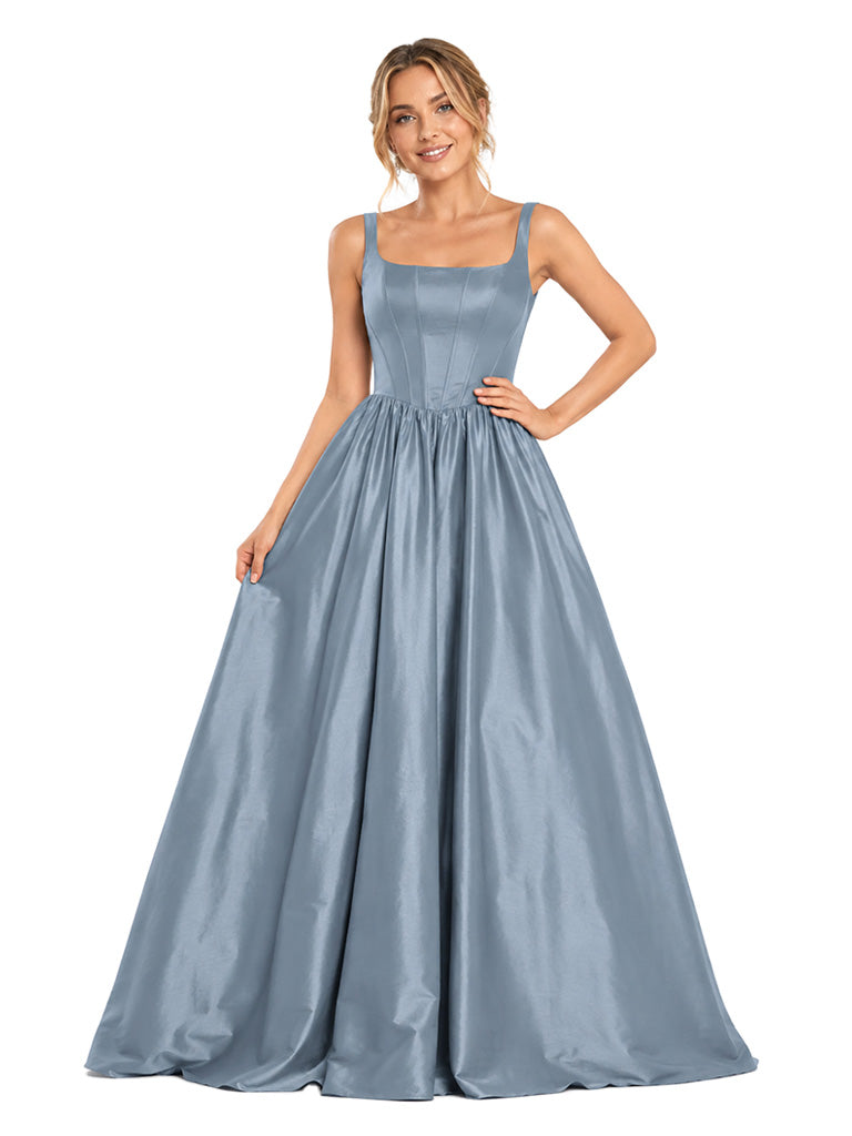 ChicSew Spaghetti Straps Square Boning Soft Satin A-Line Floor-Length Long Bridesmaid Dress