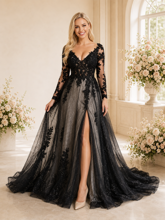 ChicSew Unique Lace Tulle V-Neck Long Sleeves Side Slit A-Line Maxi Wedding Dresses