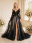 ChicSew Unique Lace Tulle V-Neck Long Sleeves Side Slit A-Line Maxi Wedding Dresses