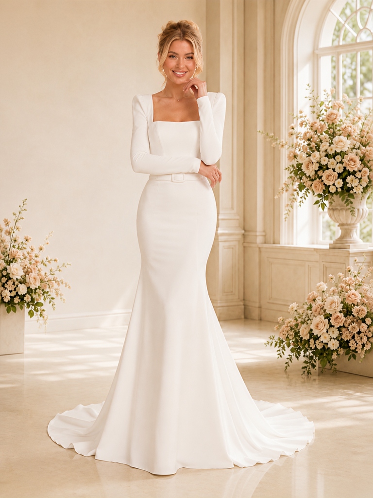 ChicSew Elegant Square Long Sleeves Mermaid Crepe Floor-Length Wedding Dress