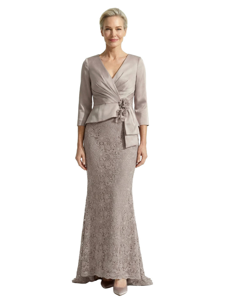 Unique V-Neck 3/4 Sleeve Mother of The Groom Dress Lace Mermaid Gown with Lace Formal Occasion Wear