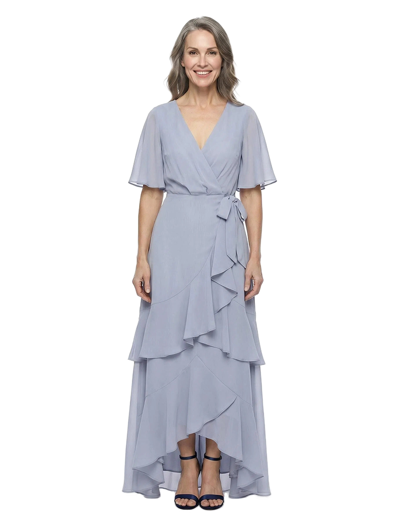 ChicSew V-Neck Flutter Sleeve Chiffon High Low Mother of the Bride Dress With Tiered Ruffle