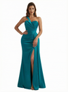 Sexy One Shoulder Ruched Silky Satin Mermaid Long Evening Dresses For Women Side Slit