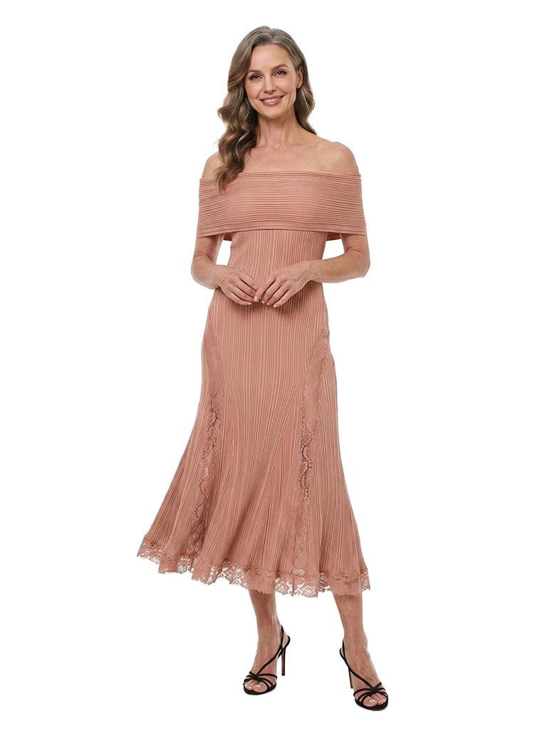 ChicSew Off The Shoulder Lace Chiffon Tea Length Mother of the Bride Dress