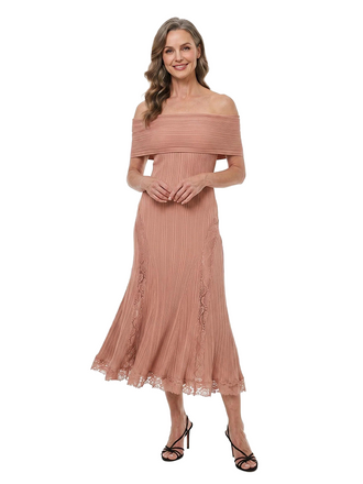ChicSew Off The Shoulder Lace Chiffon Tea Length Mother of the Bride Dress