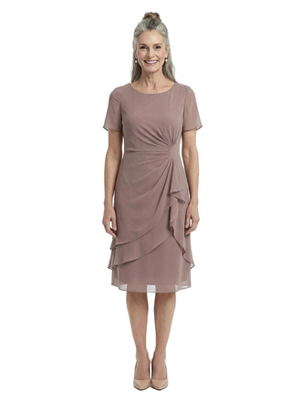 ChicSew Jewel Short Sleeve Ruched Knee Length Chiffon Romantic Mom Of The Groom Dresses