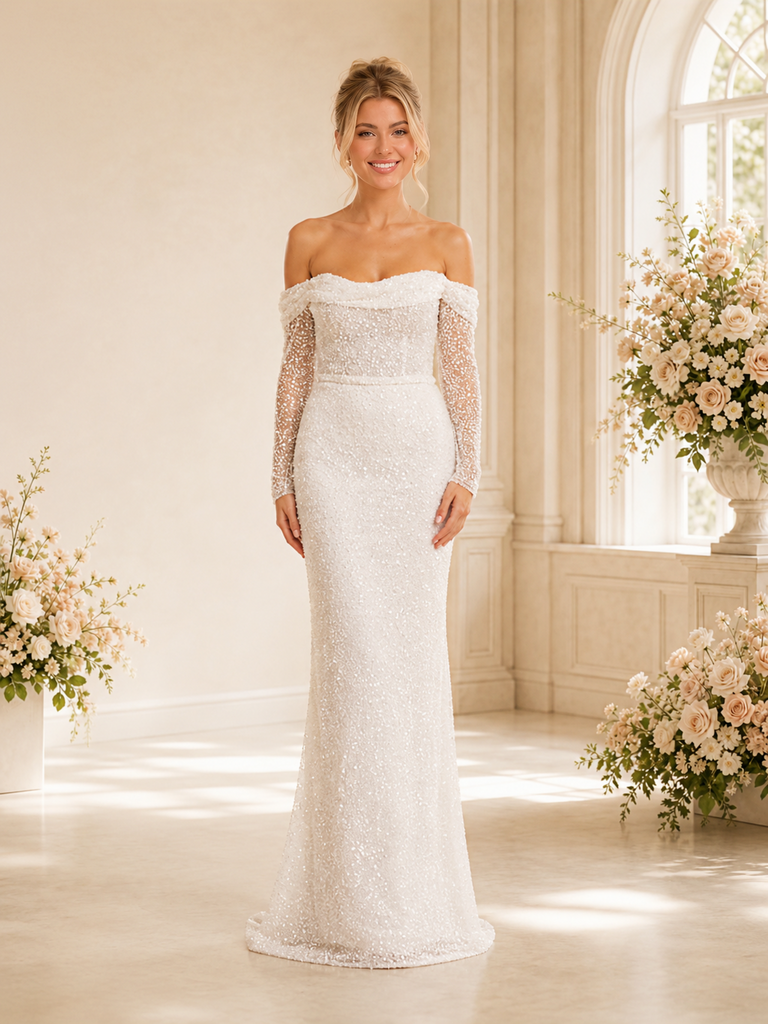 ChicSew Fancy Off Shoulder 3/4 Sleeves Mermaid Long Wedding Dress