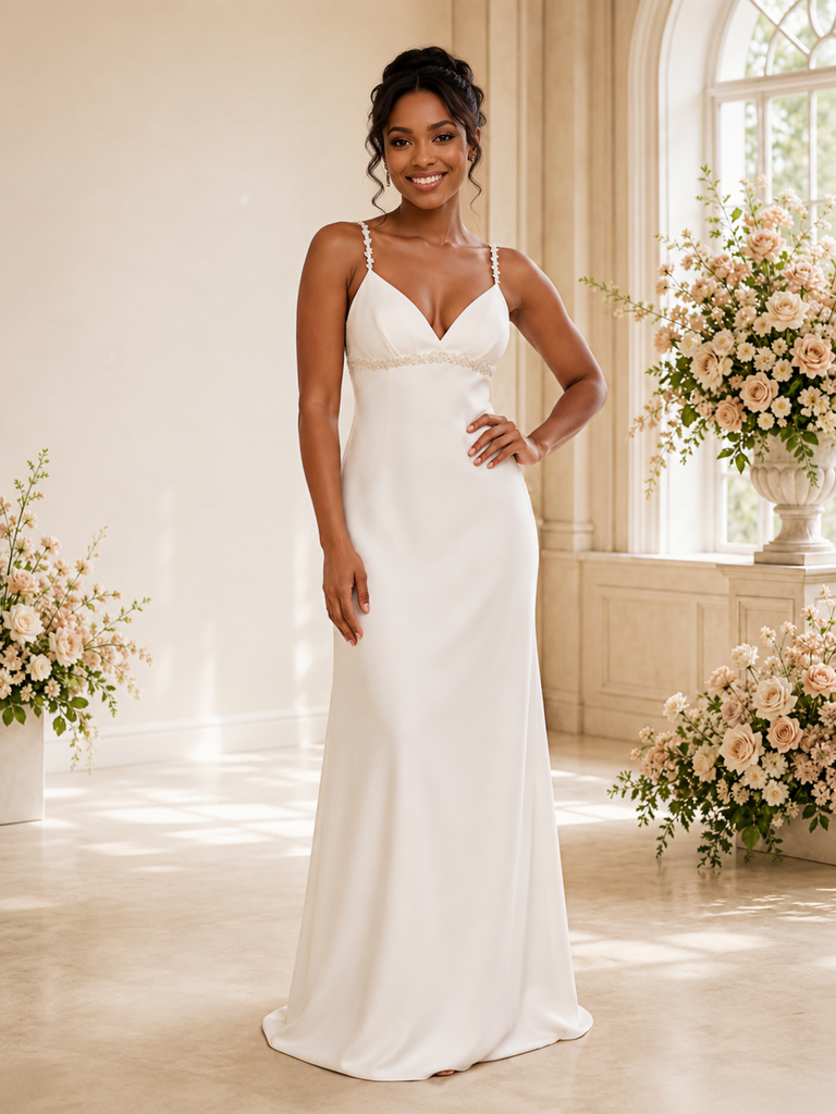 ChicSew Sexy Spaghetti Straps Satin Mermaid Floor-Length Wedding Dress With Beading