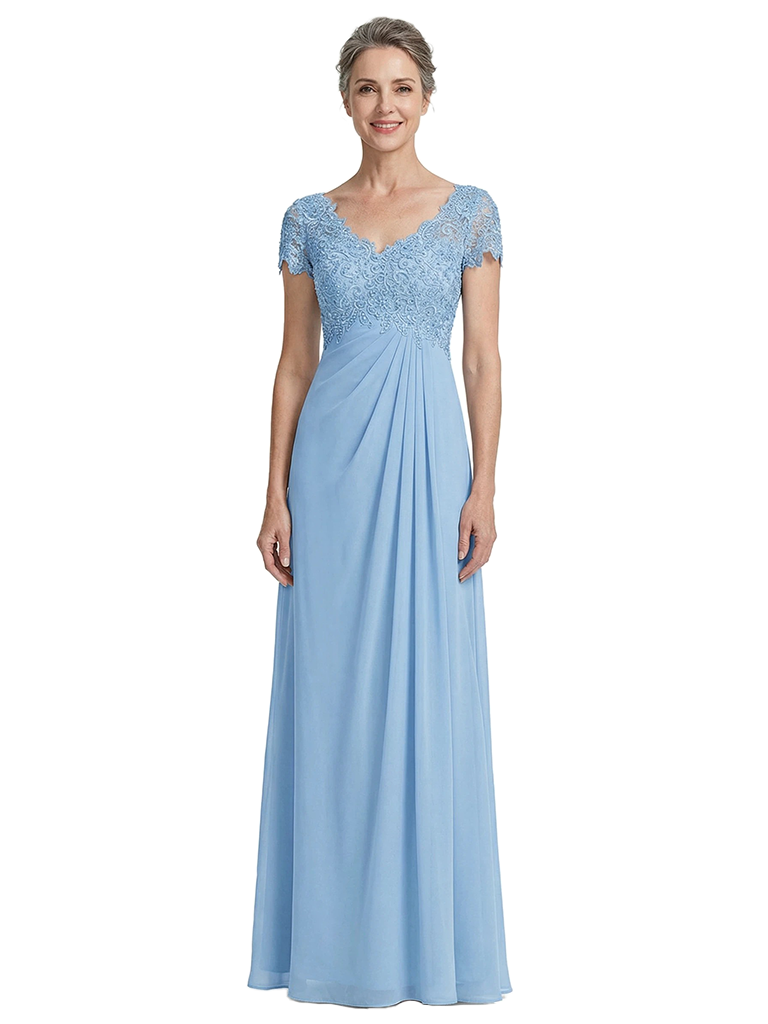 ChicSew V-Neck Short Sleeve Lace Applique Bodice A-Line Floor Length Chiffon Dress