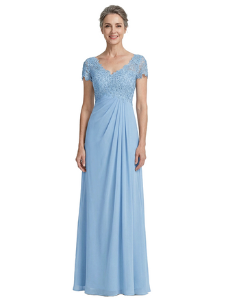 ChicSew V-Neck Short Sleeve Lace Applique Bodice A-Line Floor Length Chiffon Dress