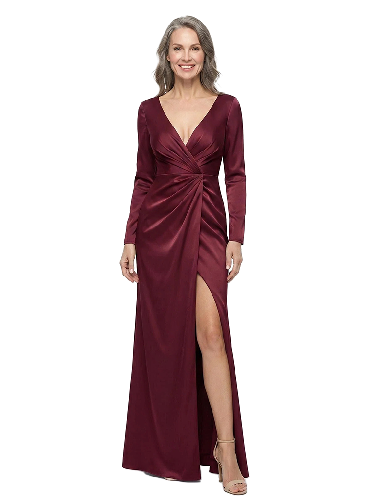 ChicSew V-Neck Long Sleeves Ruched Satin Side Slit Floor-Length Mermaid Mother of the Bride Dress