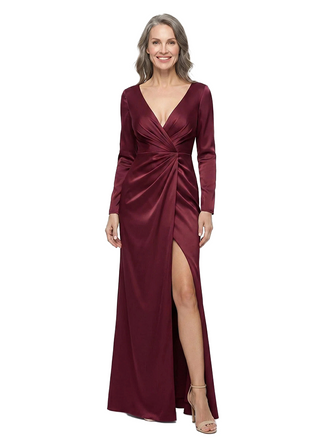 ChicSew V-Neck Long Sleeves Ruched Satin Side Slit Floor-Length Mermaid Mother of the Bride Dress
