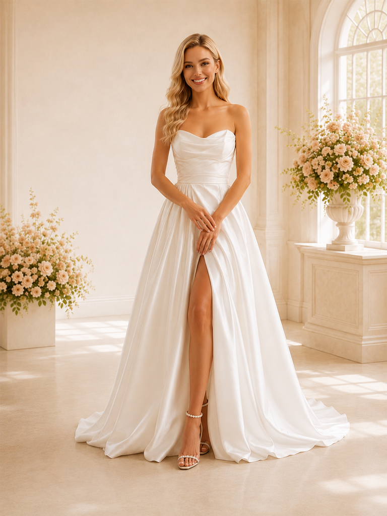ChicSew Elegant Sweetheart A-line Ruched Satin Maxi Wedding Dresses With Slit