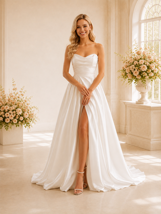 ChicSew Elegant Sweetheart A-line Ruched Satin Maxi Wedding Dresses With Slit