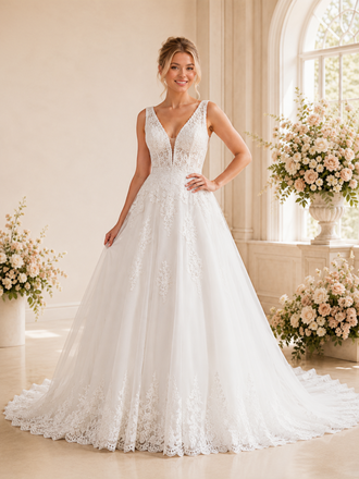 ChicSew Elegant Spaghetti Straps V-Neck A-Line Tulle Long Wedding Dresses With Lace Appliques