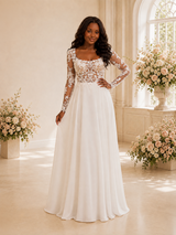 ChicSew Elegant Square Neck Long Sleeves Lace Appliques Chiffon Maxi Wedding Dress