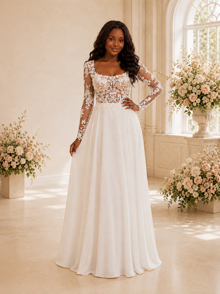 ChicSew Elegant Square Neck Long Sleeves Lace Appliques Chiffon Maxi Wedding Dress