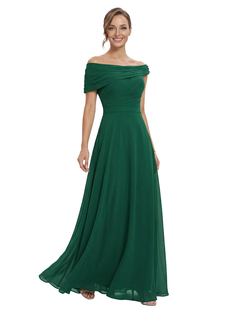 Chicsew Stylish Off Shoulder Chiffon Mother of The Bride Dress Flowy Long Elegant Formal Gown