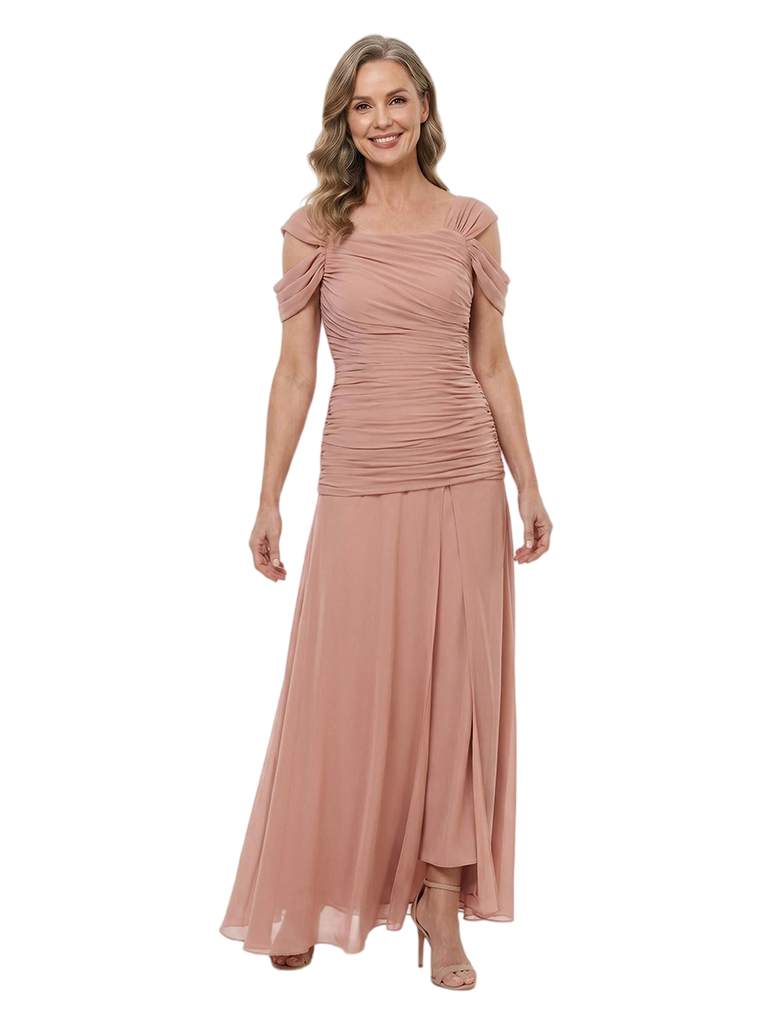 ChicSew Cold Shoulder Square Neck Ruched Chiffon Mother of the Bride Dress