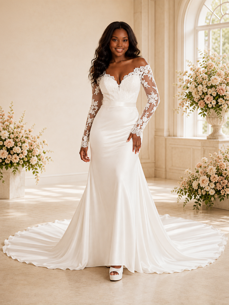 ChicSew Elegant A-Line V-Neck Long Sleeves Satin Mermaid Maxi Wedding Dress
