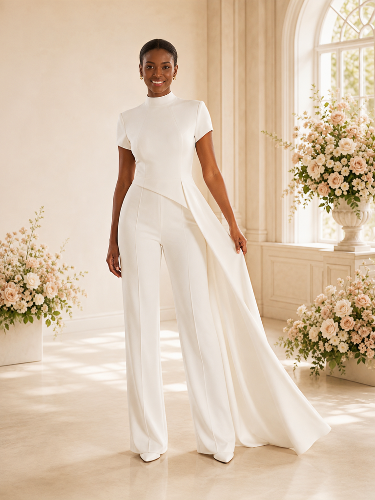 ChicSew Unique High Neck Short Sleeves Crepe Floor-Length Wedding Jumpsuit