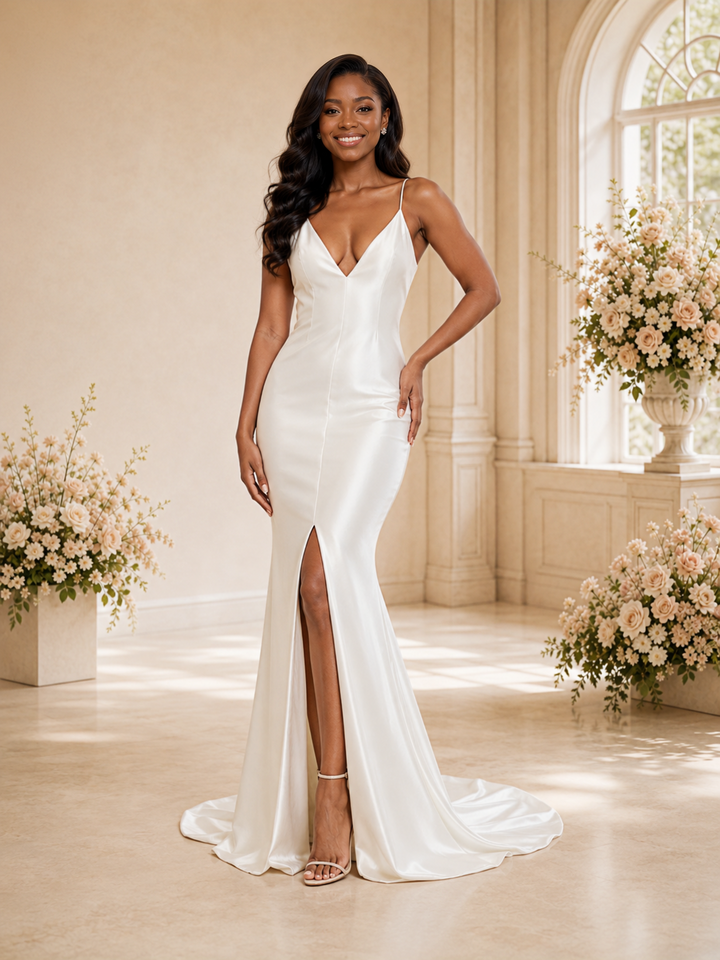 ChicSew Sexy Spaghetti Straps Satin Long Mermaid Wedding Dress With Slit