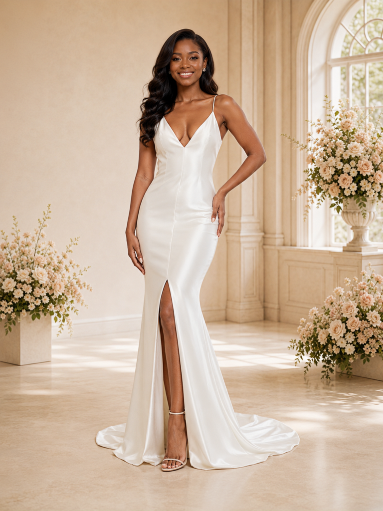 ChicSew Sexy Spaghetti Straps Satin Long Mermaid Wedding Dress With Slit