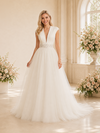 ChicSew Fancy Deep V-Neck Sleeveless A-Line Tulle Floor-Length Wedding Dress With Applique