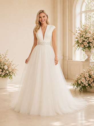ChicSew Fancy Deep V-Neck Sleeveless A-Line Tulle Floor-Length Wedding Dress With Applique