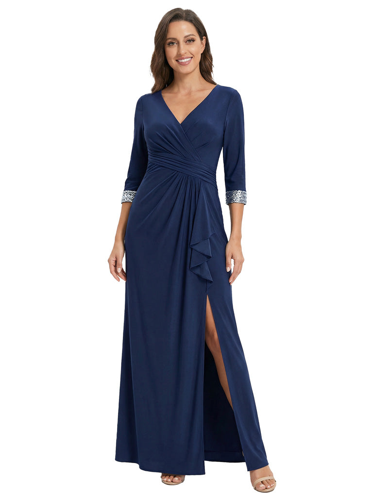 ChicSew Mother Of The Bride Formal Dresses Fancy V-Neck 3/4 Sleeves A-line Mother Of The Bride Gown With Sequin Cuffs, Dark-Navy