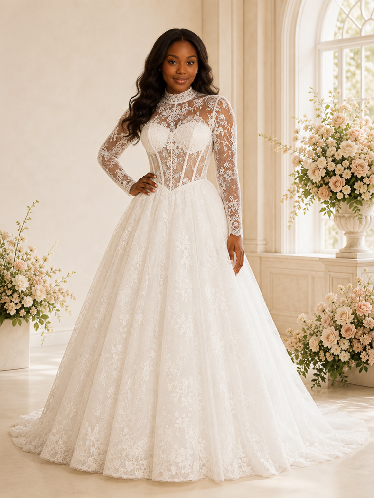 ChicSew Elegant High Neck Long Sleeves Boning Lace Maxi A-Line Wedding Dress
