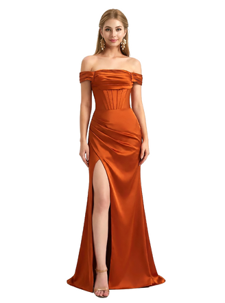 Sexy Side Slit Boning Off The Shoulder Silky Satin Mermaid Maxi Evening Gowns For Women