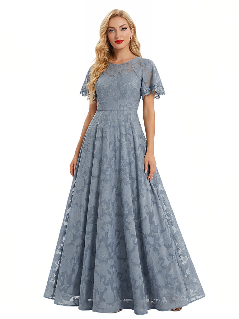 Elegant Flutter Sleeves Jewel Floral Burnout Chiffon A-Line Formal Evening Dresses