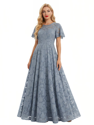 Elegant Flutter Sleeves Jewel Floral Burnout Chiffon A-Line Formal Evening Dresses