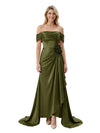 Off The Shoulder Ruching Satin Mother Of The Groom Dress Mermaid Maxi Gown With Floral Accent Train