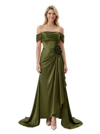 Off The Shoulder Ruching Satin Mother Of The Groom Dress Mermaid Maxi Gown With Floral Accent Train