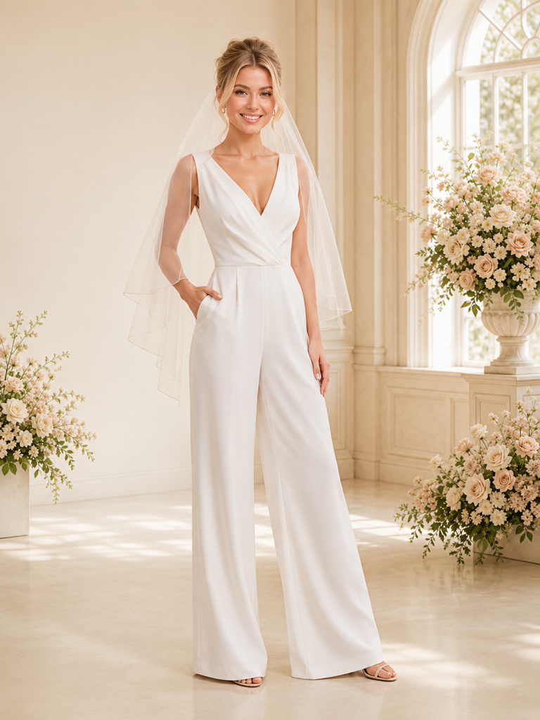 ChicSew Morden Spaghetti Straps Ruching Crepe Floor-Length Wedding Jumpsuit
