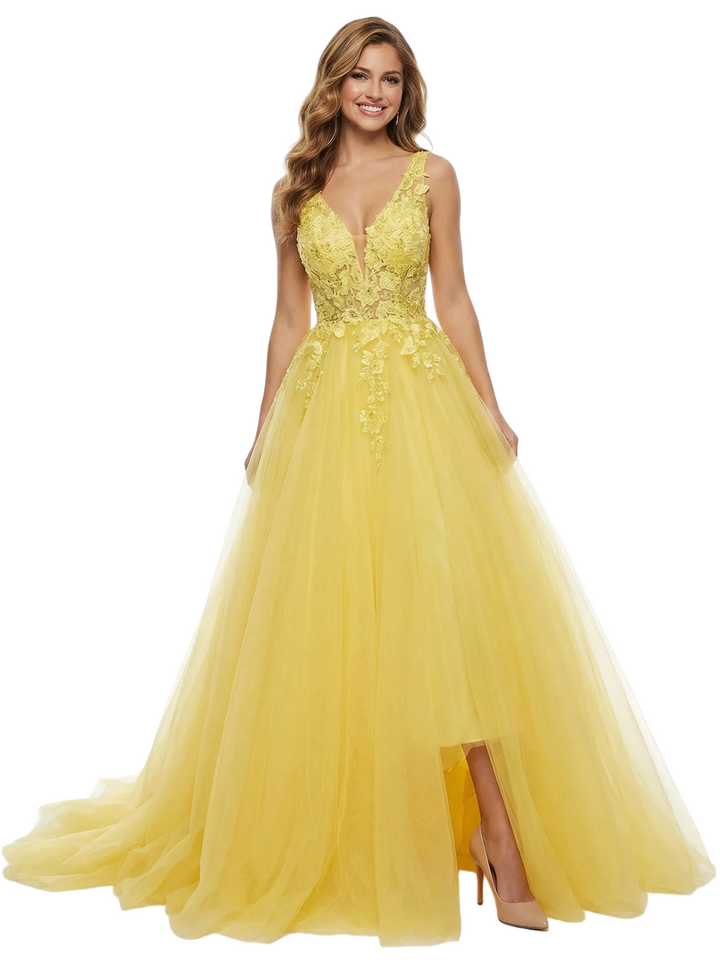 ChicSew Unique Spaghetti Straps Lace Tulle Side Slit V-Neck Maxi Evening Prom Dresses