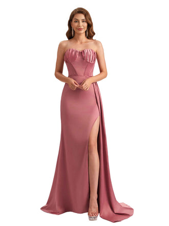 Elegant Silky Satin Sweetheart Boning Mermaid Side Slit Long Bridesmaid Dresses