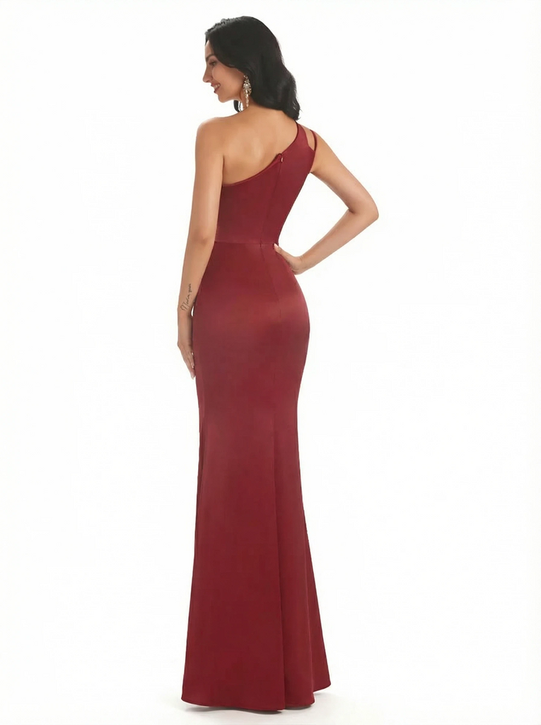 Sexy One Shoulder Silky Satin Mermaid Long Formal Dresses For Women Side Slit