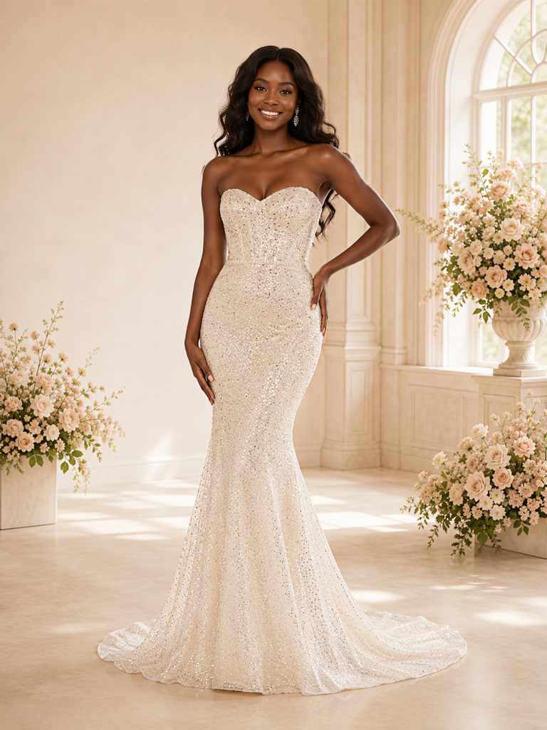 ChicSew Modern Strapless Sweetheart Mermaid Sequin Floor-Length Wedding Dress