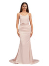 Elegant Spaghetti Straps Mermaid Cowl Neck Backless Soft Satin Long Bridesmaid Dresses