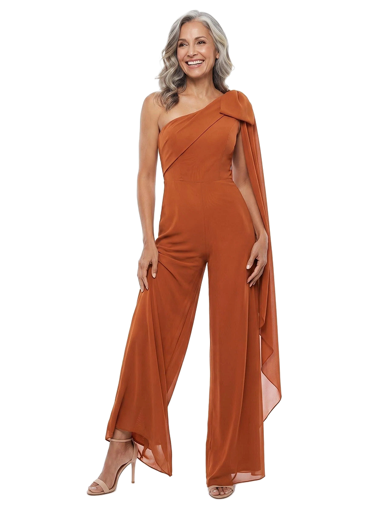 ChicSew One Shoulder Cape Chiffon Jumpsuit For Mother Of The Bride Elegant Wide Leg Outfit