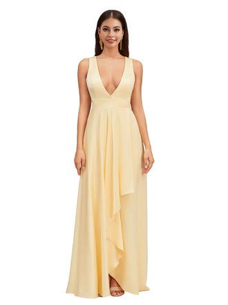 Sexy Deep V-Neck Soft Satin A-Line Long Bridesmaid Dresses Online