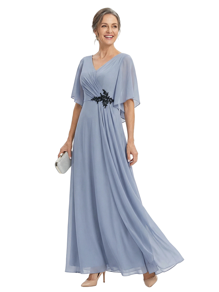 ChicSew V-Neck Flutter Sleeve Beaded Applique Chiffon Floor Length A-Line Mother of the Bride Dress