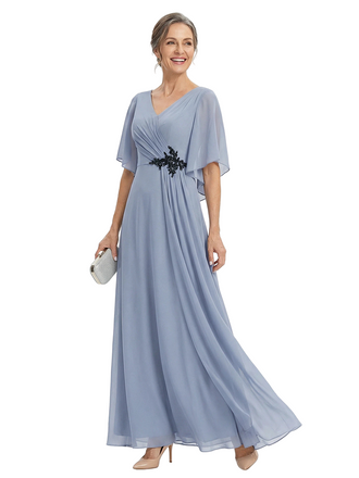 ChicSew V-Neck Flutter Sleeve Beaded Applique Chiffon Floor Length A-Line Mother of the Bride Dress