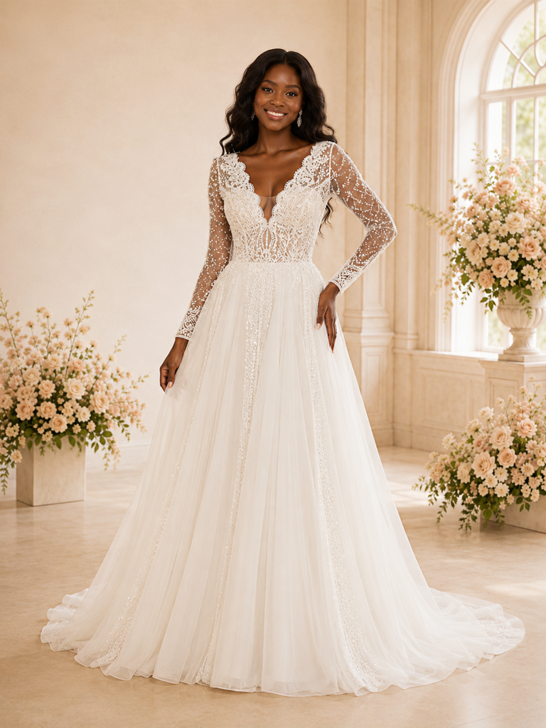 ChicSew Elegant Fancy V-Neck Long Sleeves Tulle A-Line Open Back Wedding Dress With Lace Applique